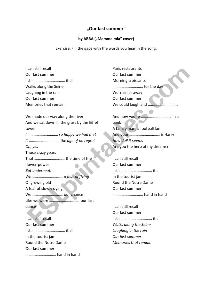 ABBA - Our last summer worksheet