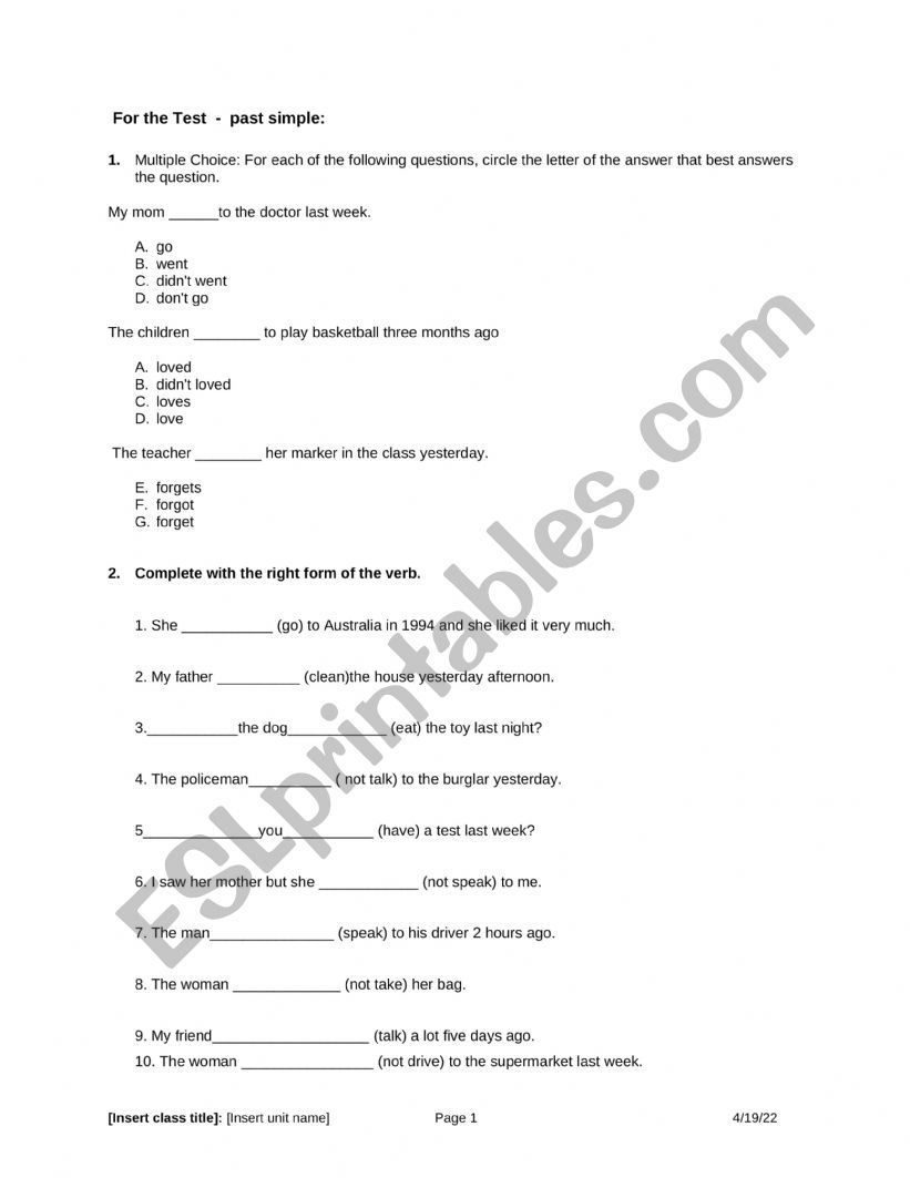 PRESENT AND PAST SIMPLE TEST  worksheet