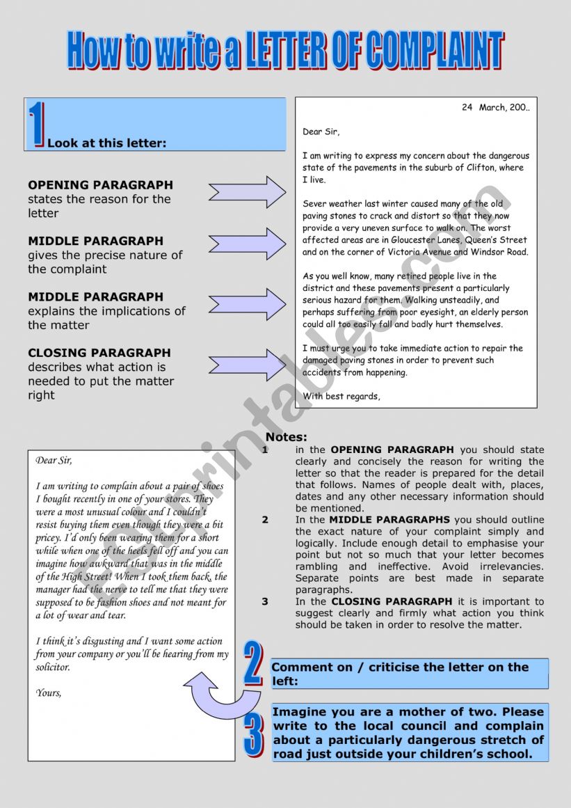 Letter of Complaint worksheet