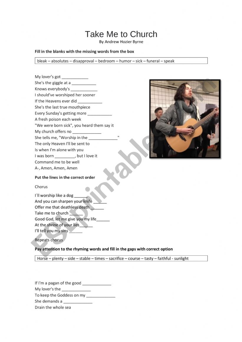 Take me to church worksheet