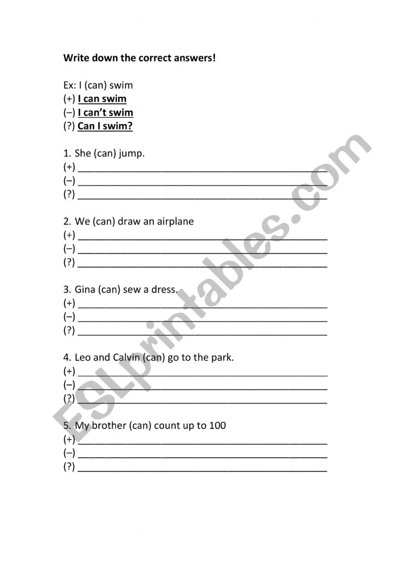 Can and Can�t Worksheet worksheet
