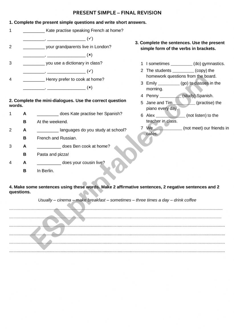 Present SImple revision worksheet