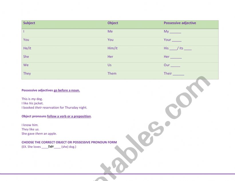 Pronouns (object and possessive)