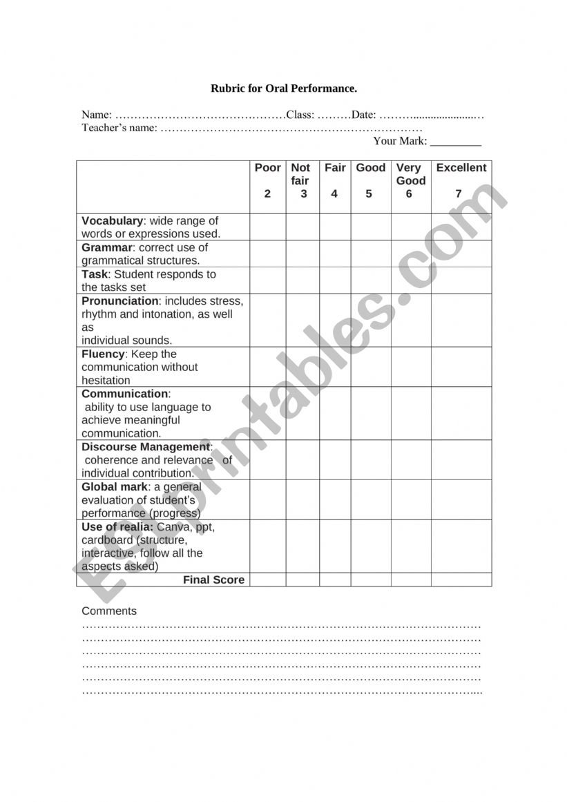 oral rubric worksheet