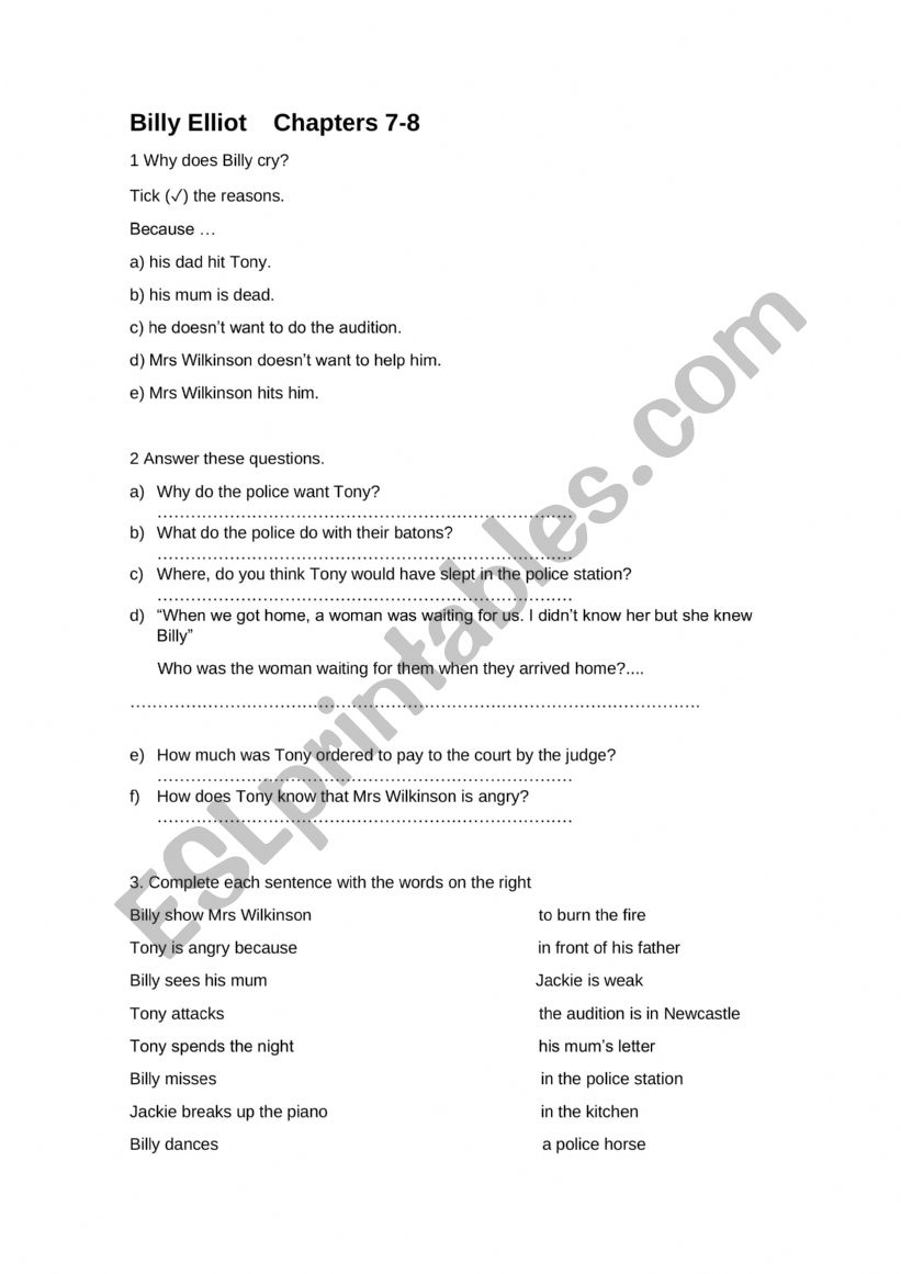 Billy Elliot worksheet