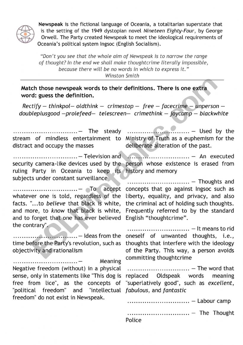 Newspeak vocabulary activity worksheet