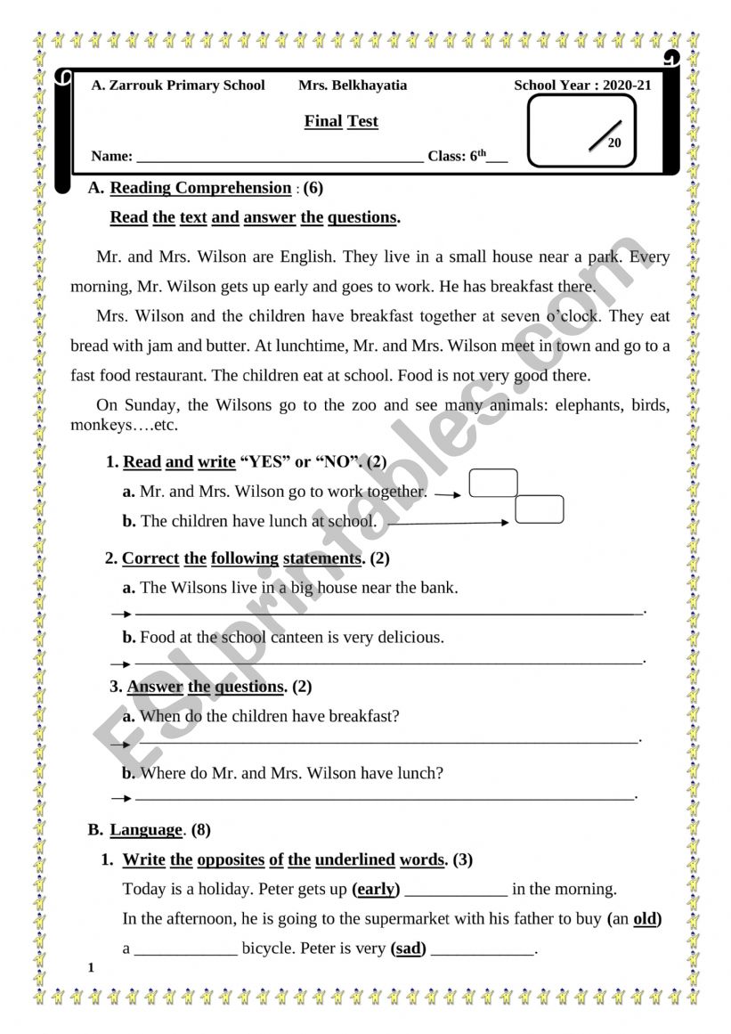 Final Test for 4th Formers worksheet