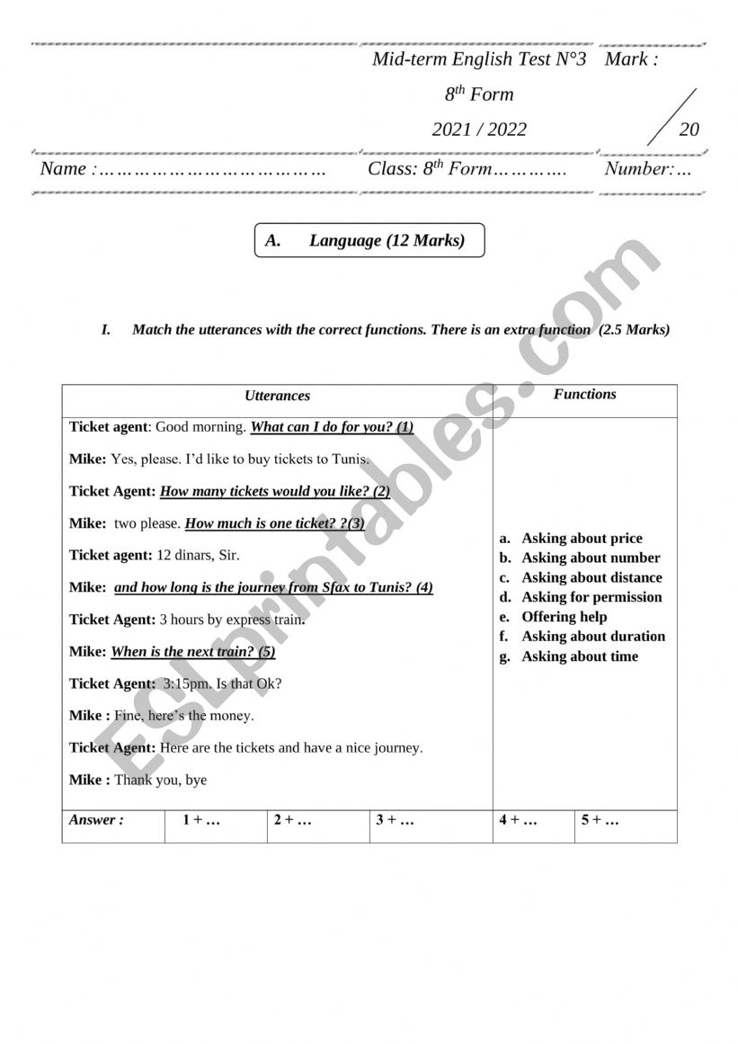 8th form mid term test 3 worksheet