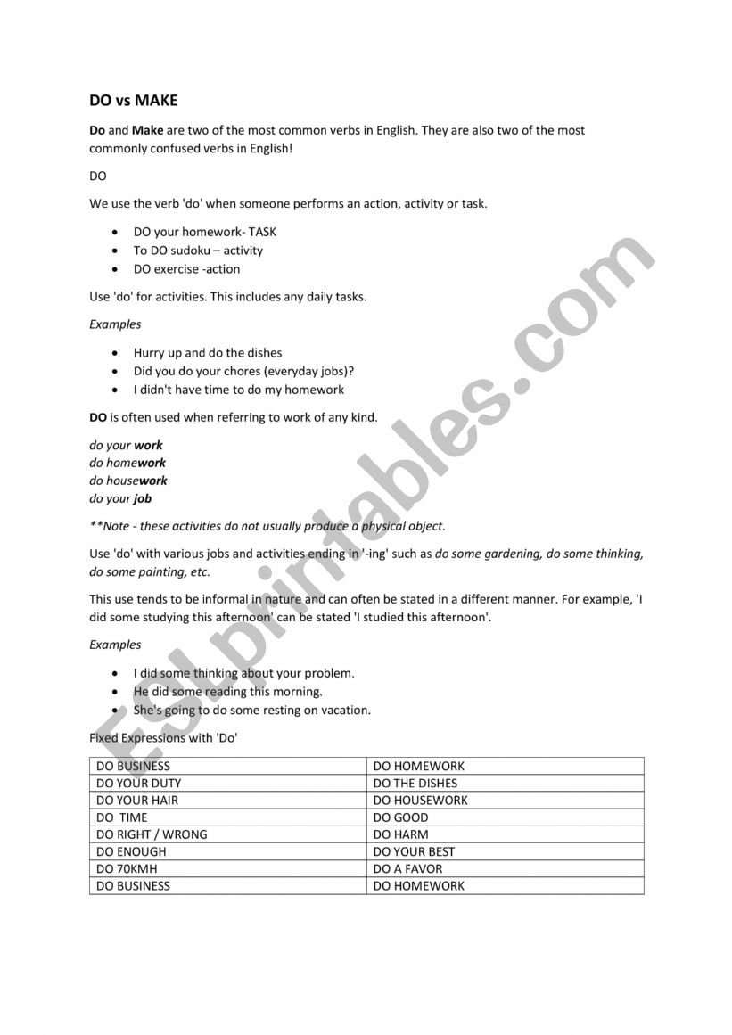 do vs make worksheet