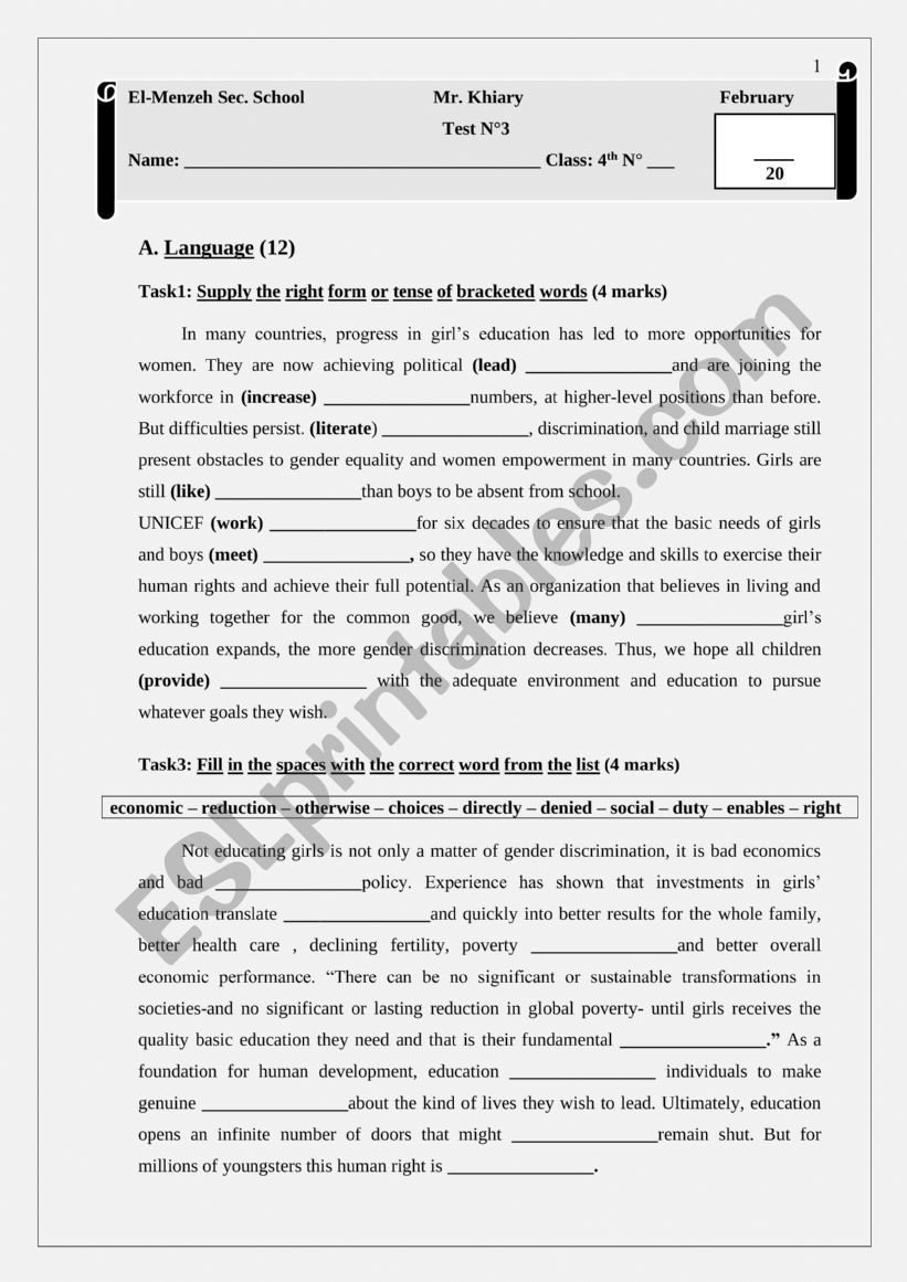 Fourth Form Science Test worksheet