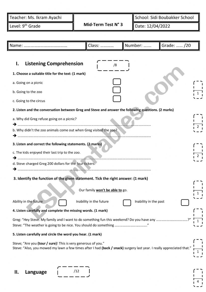 9th Grade - Mid-Term Test n° 3 - ESL worksheet by English Teacher 24