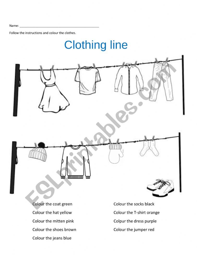 Colour the clothes worksheet