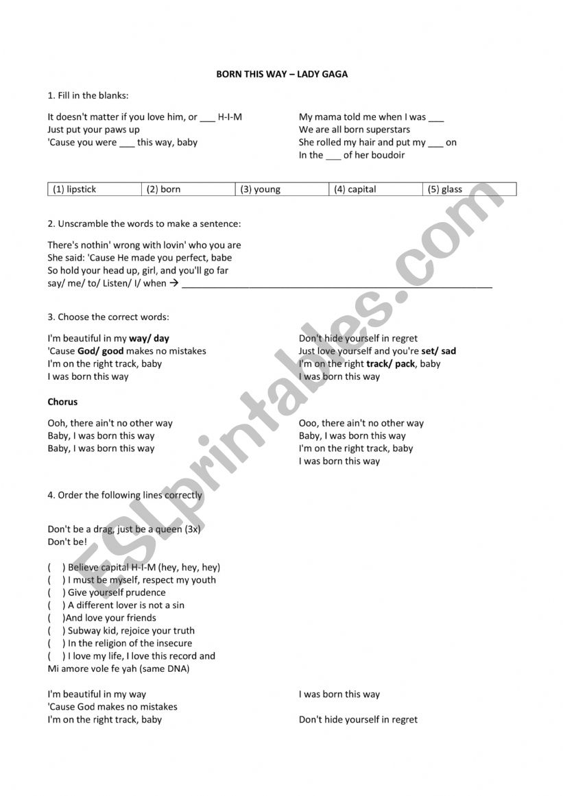 Song Born this way worksheet