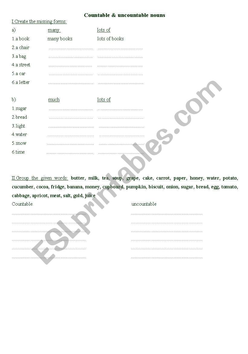 countable/uncountable nouns worksheet
