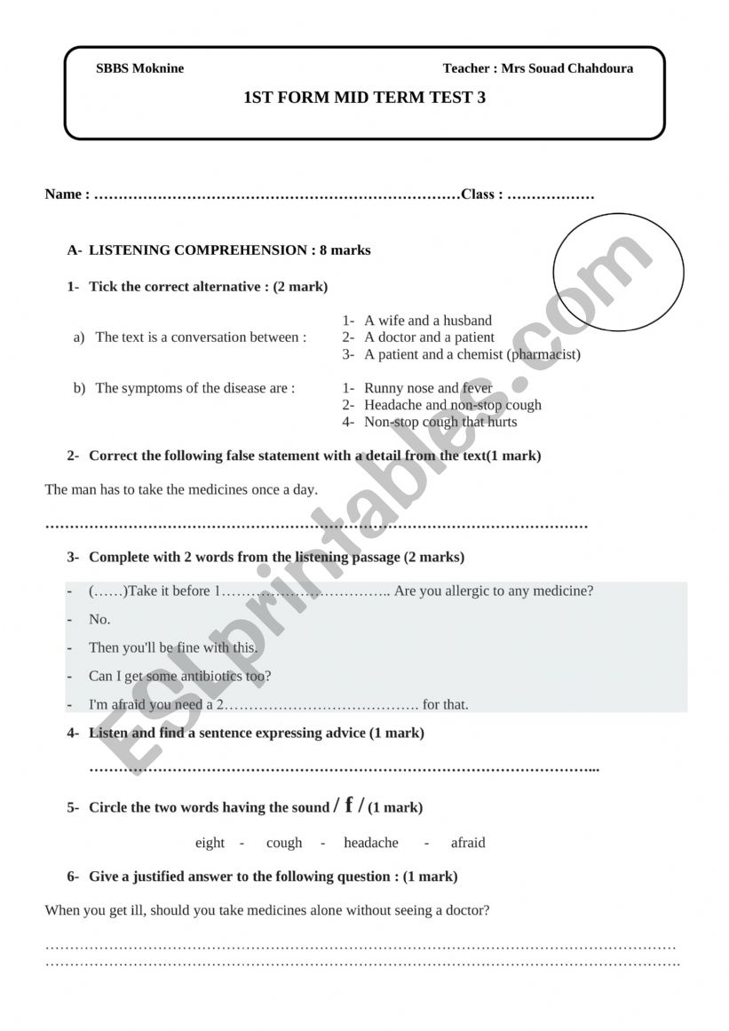 1ST FORM MID TERM 3 TEST worksheet