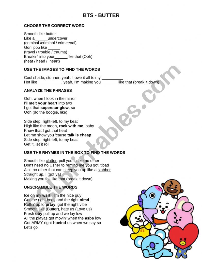 BTS - BUTTER SONG ACTIVITY worksheet