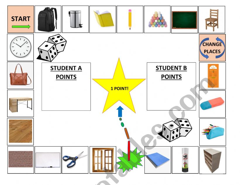Classroom objects boardgame worksheet