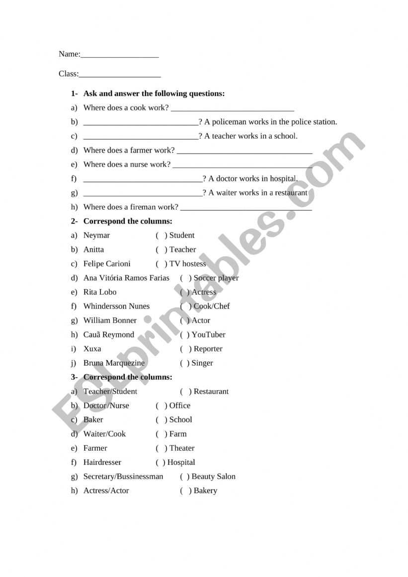 Jobs and Workplaces worksheet