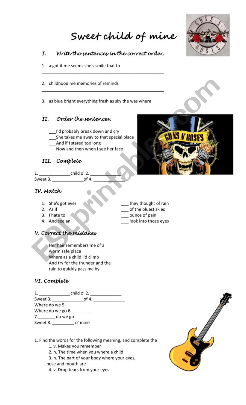 SWEET CHILD OF MINE worksheet