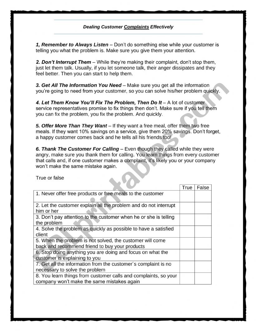 Customer service worksheet