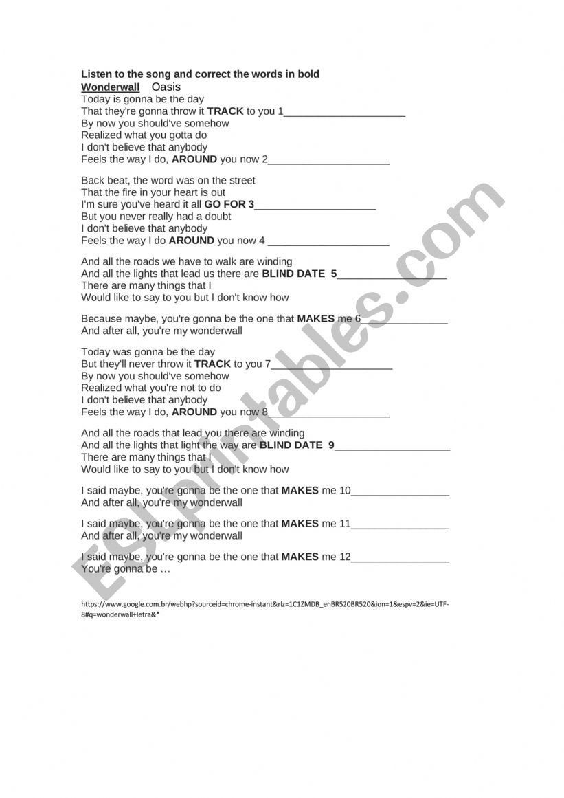 WONDERWALL OASIS worksheet