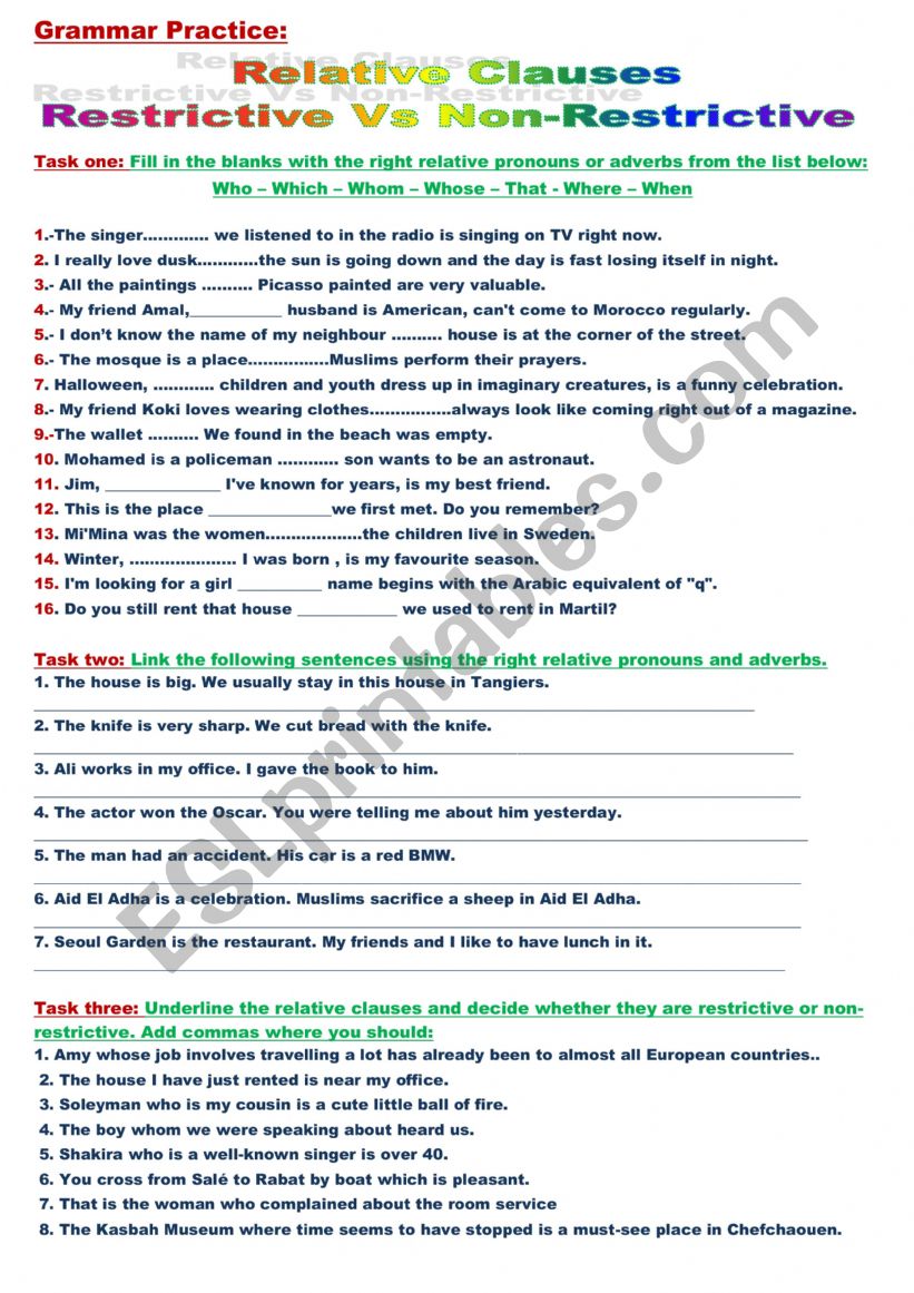 Relative Pronouns Exercises worksheet