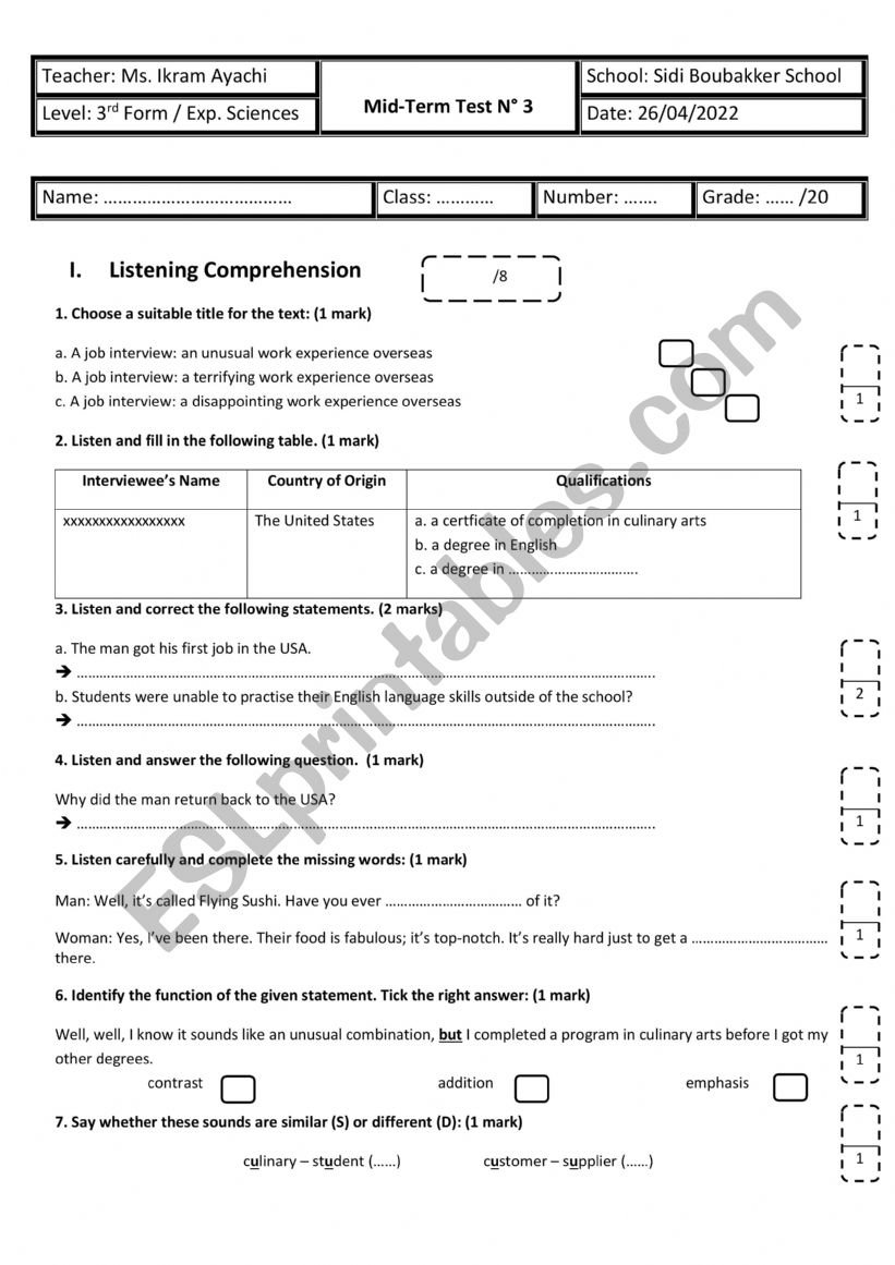 3rd Form - Experimental Sciences - Mid-Term Test n 3