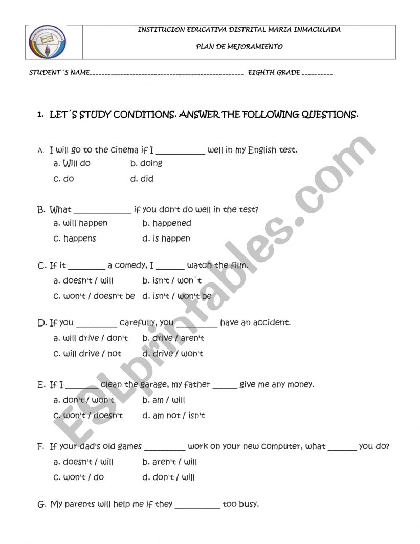 condicionals sentences worksheet