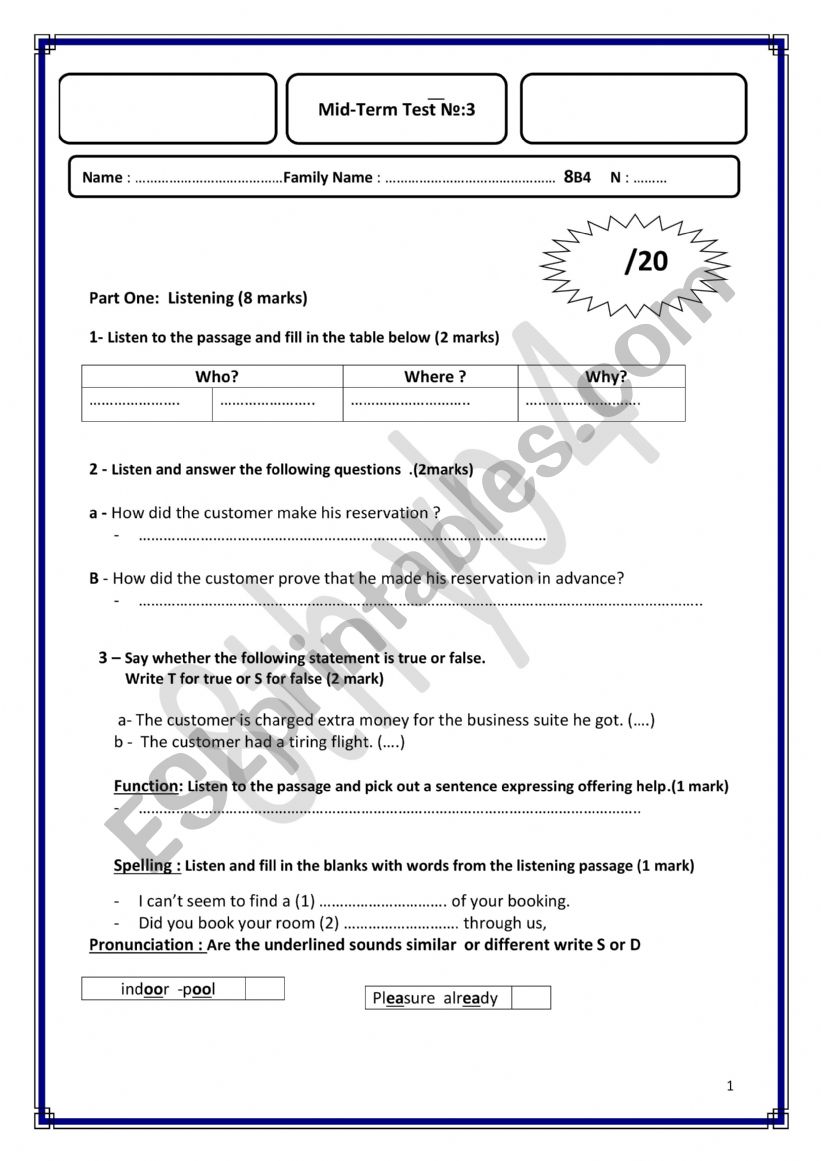 Mid term Test 3 worksheet