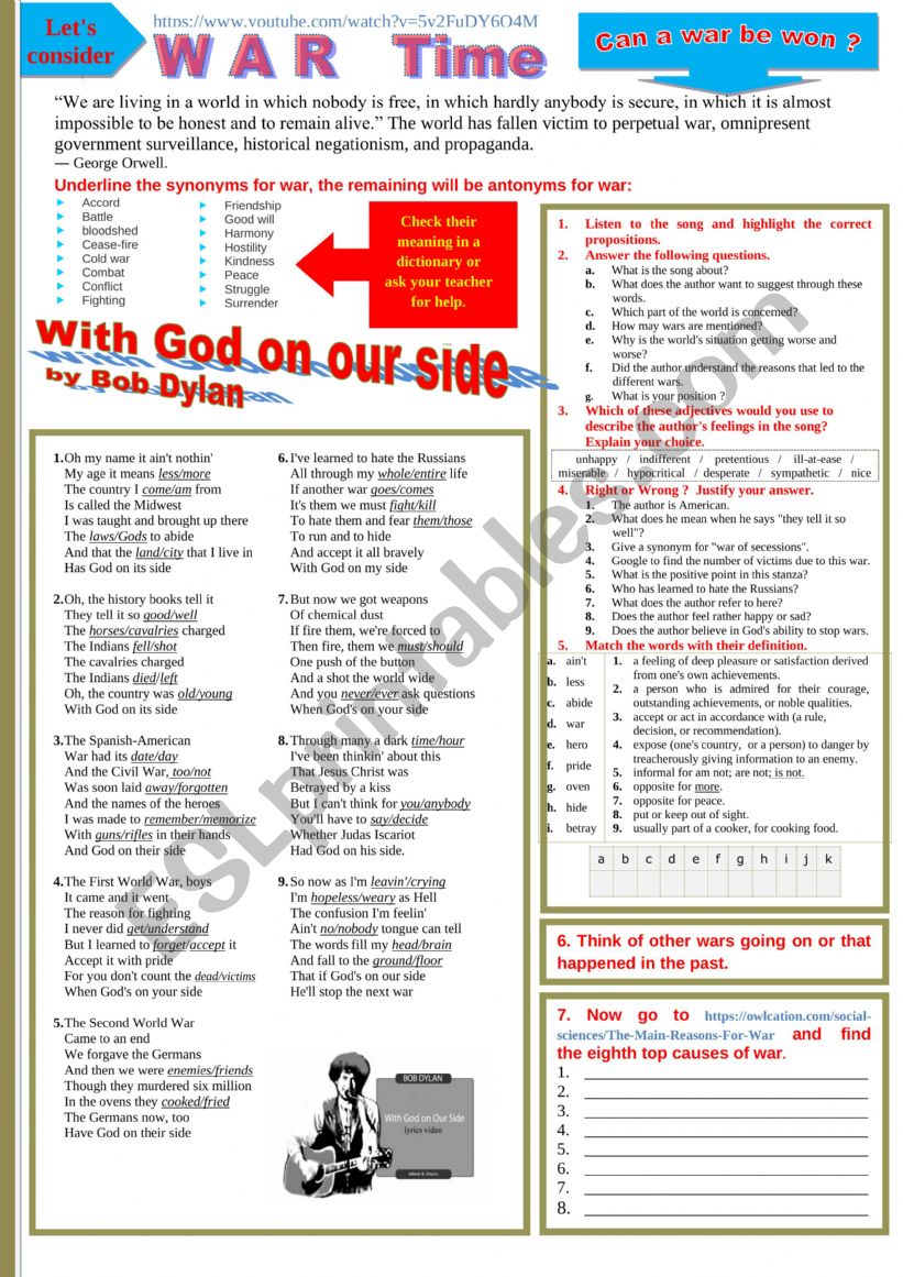 With God on our side by Bob Dylan - WAR - Multi activity WS  KEY and links