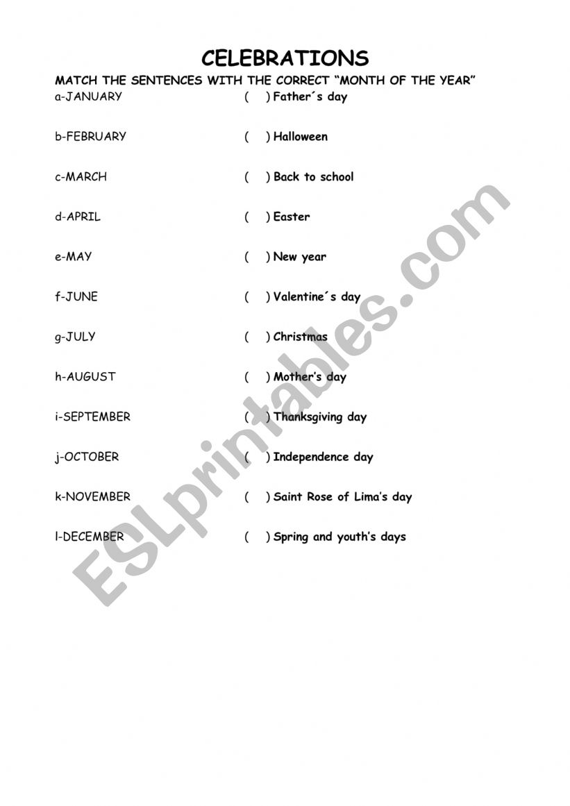 CELEBRATIONS worksheet