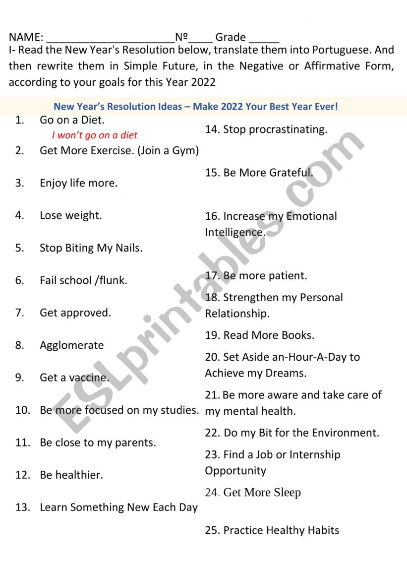 NEW YEARS RESOLUTION  worksheet