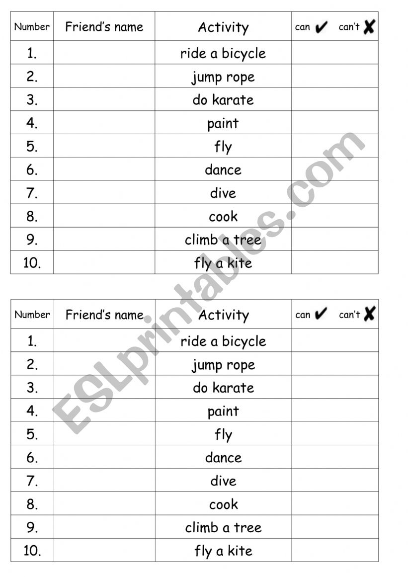 Survey Form - Can you ...? worksheet