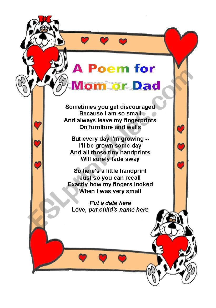  A poem for mom or dad worksheet