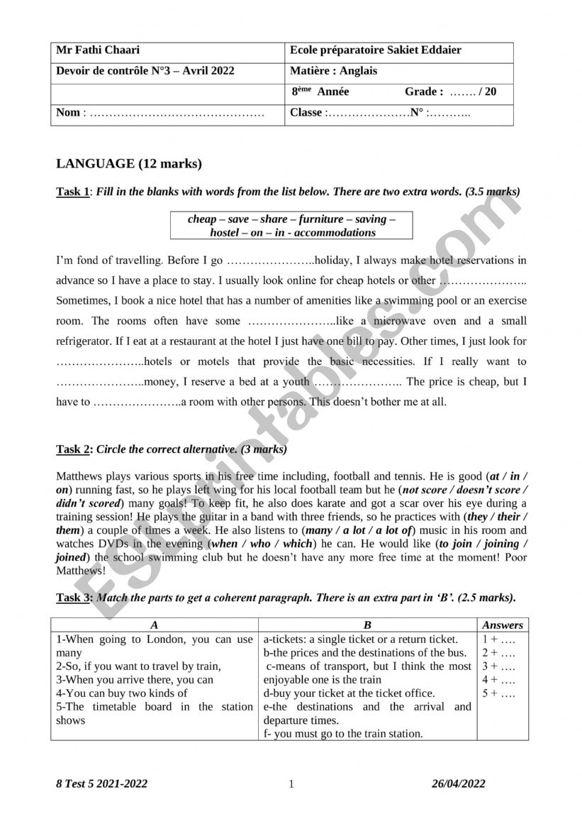 8 Test 5 2021-2022 worksheet