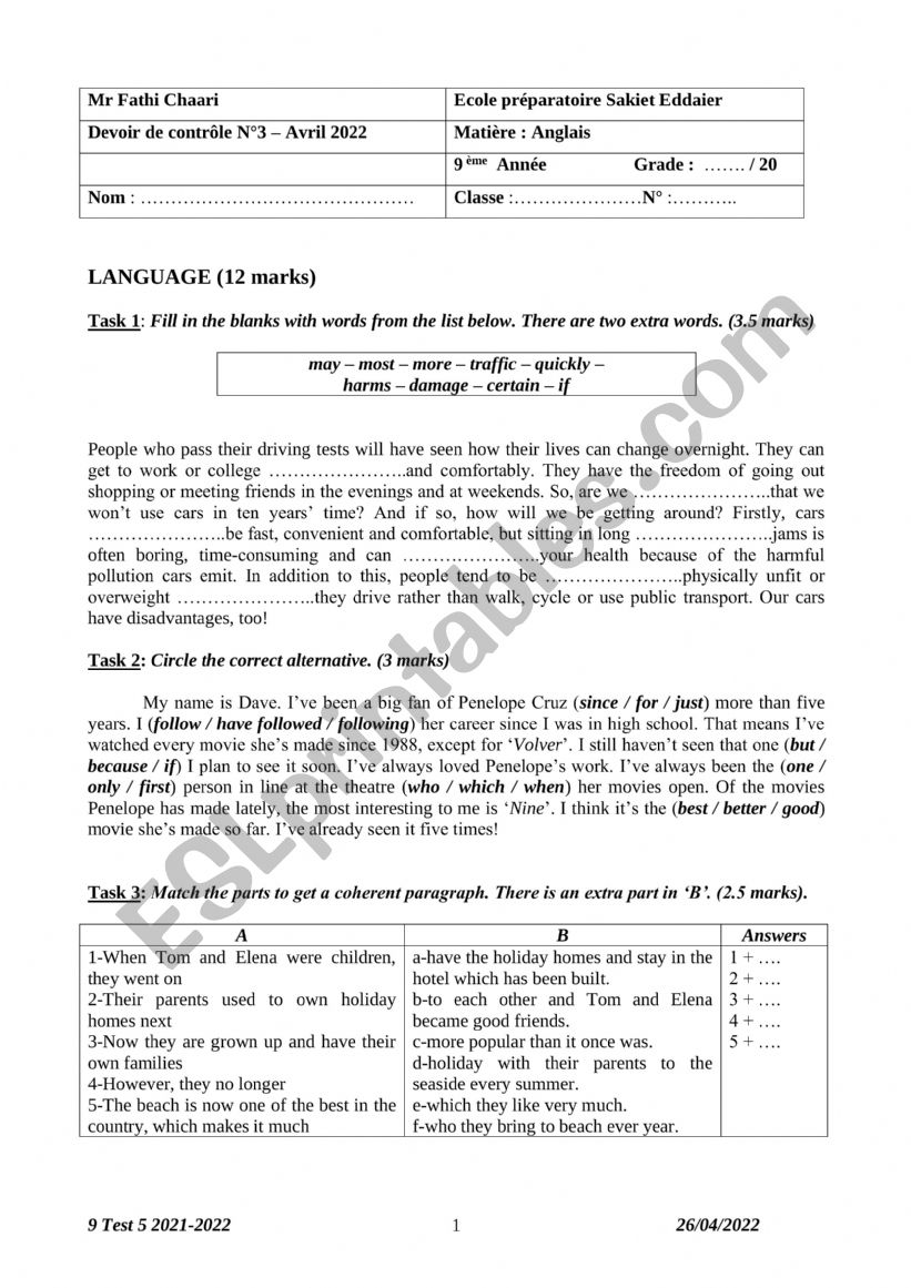 9 Test 5 2021-2022 worksheet