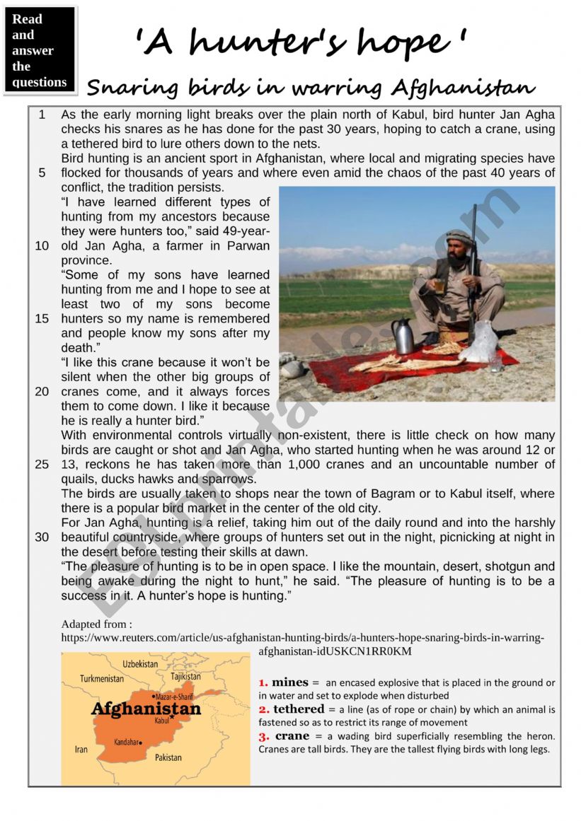 Snaring birds in warring Afghanistan - READING or TEST + key