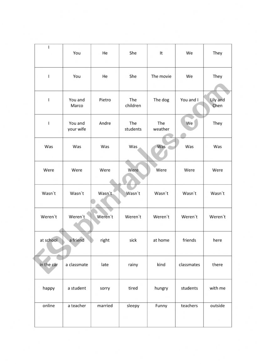 was/were cards worksheet