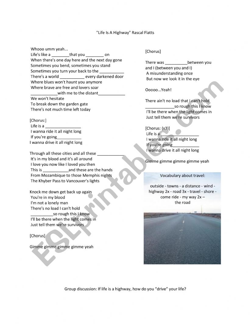song life is a highway worksheet