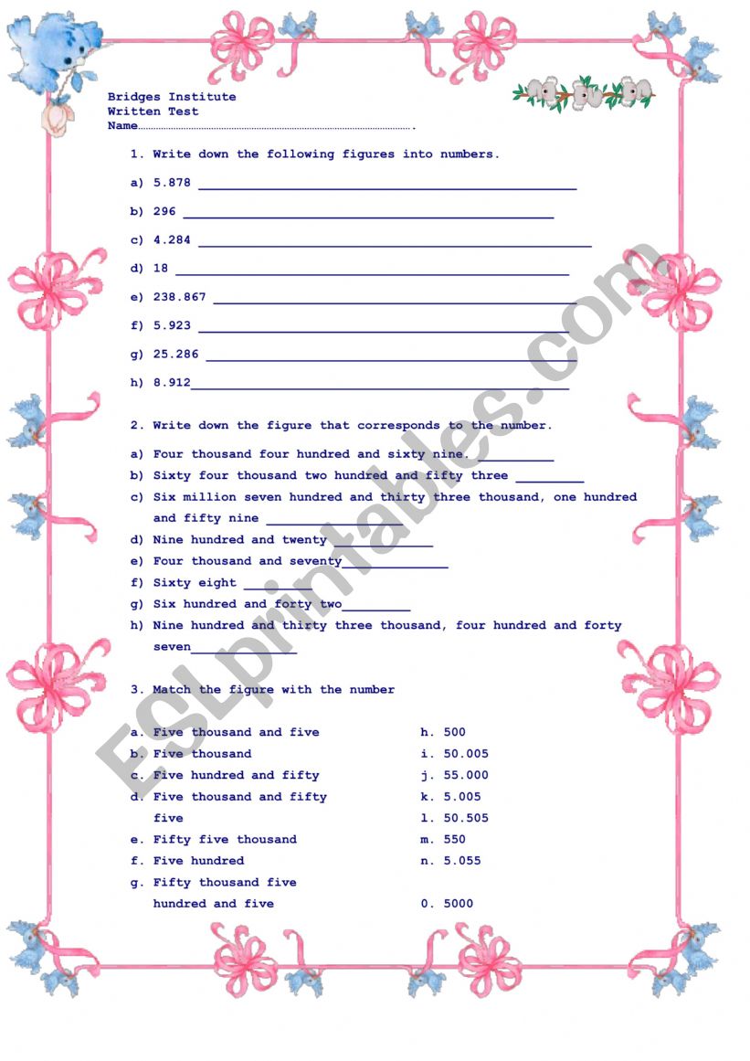 Mini test on big numbers worksheet