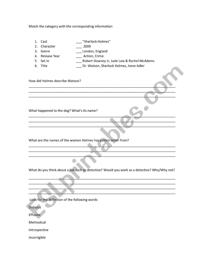 Saherlock Holmes worksheet
