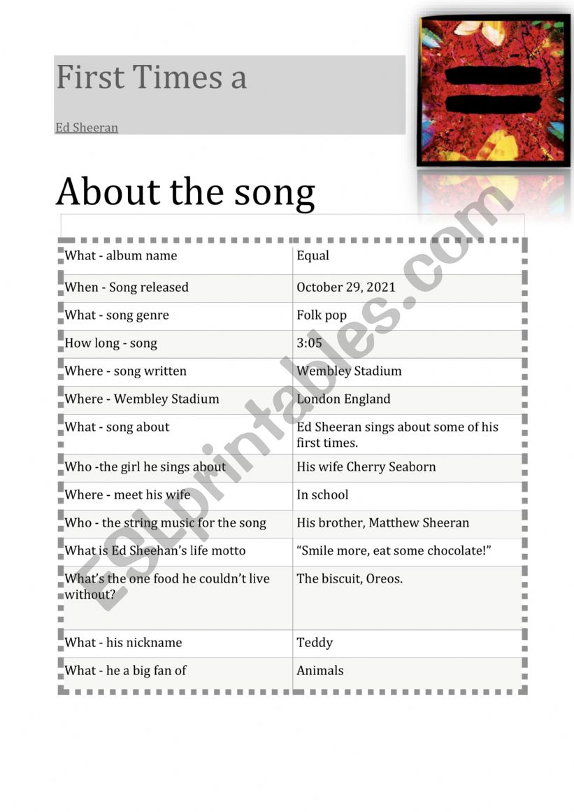 First times  - Ed Sheeran worksheet