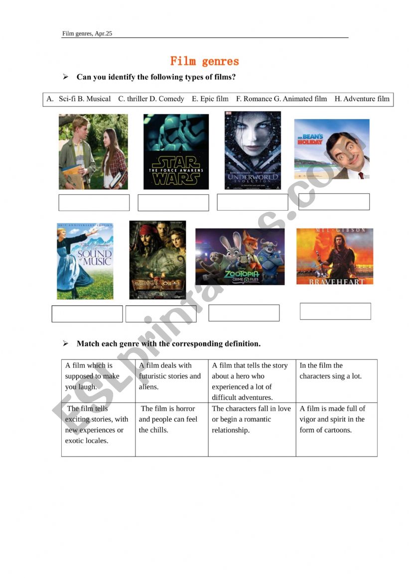 film genres worksheet