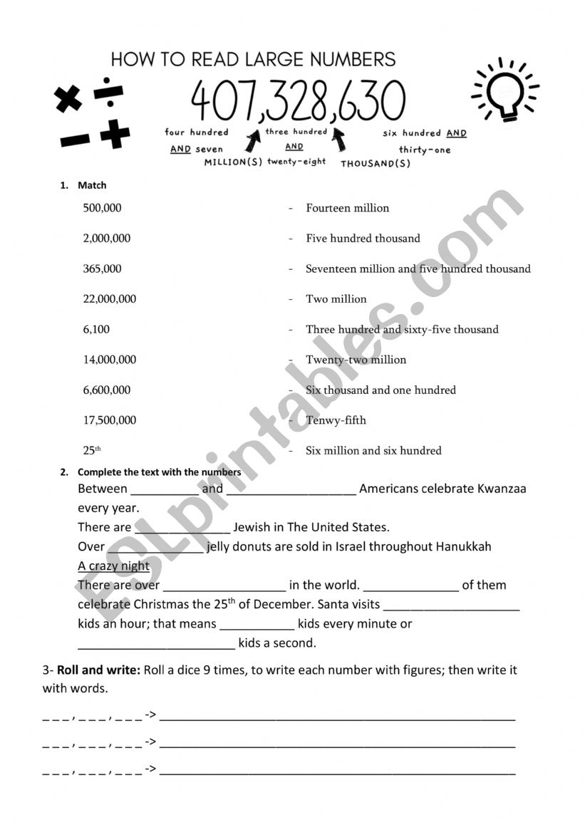 How to read large numbers worksheet