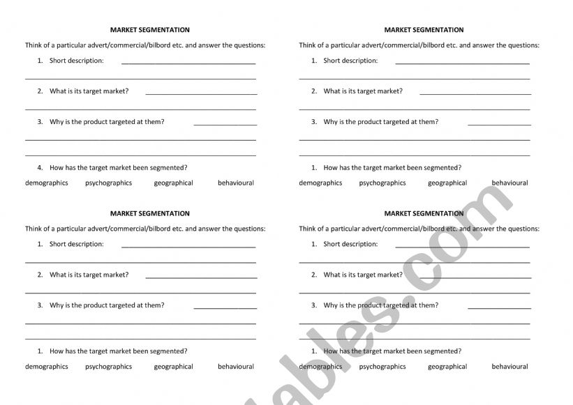 Market Segmantation - group work for 4 groups