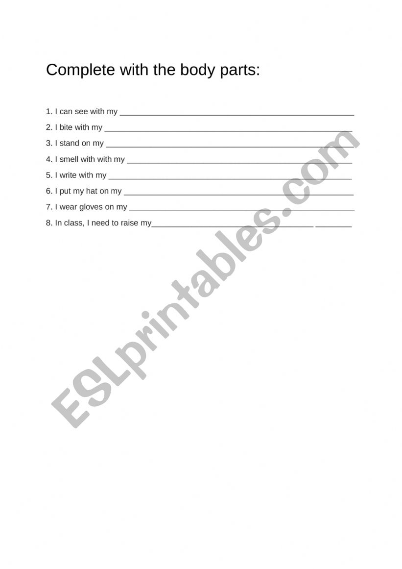 Complete with body parts worksheet
