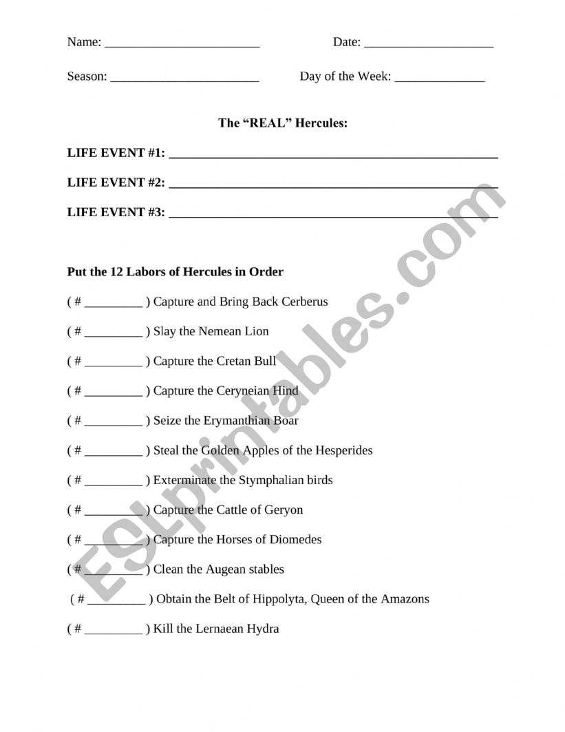 Hercules (Greek Mythology) worksheet