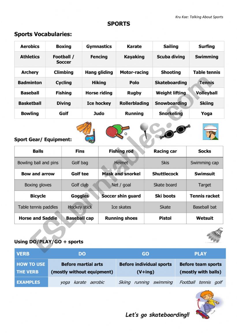 Sports equipment worksheet