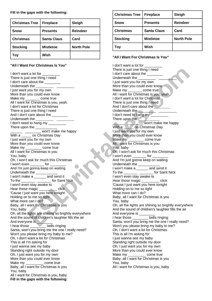 ALL I WANT FOR CHRISTMAS IS YOU FILL IN THE GAPS - ESL worksheet by ...