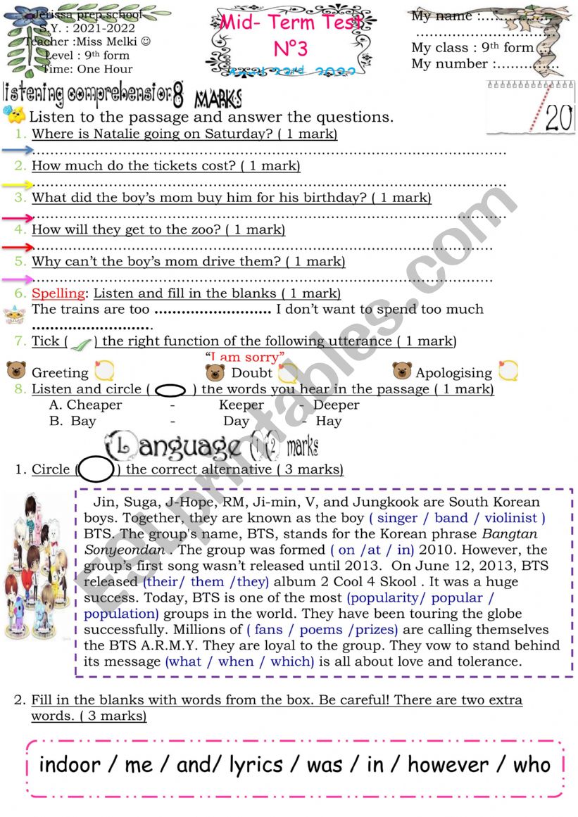 9th form test n3 worksheet